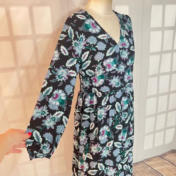 Loft Long Puff Sleeve Front Slit Floral V-Neck Midi Dress Size 8 - Picture 3 of 10